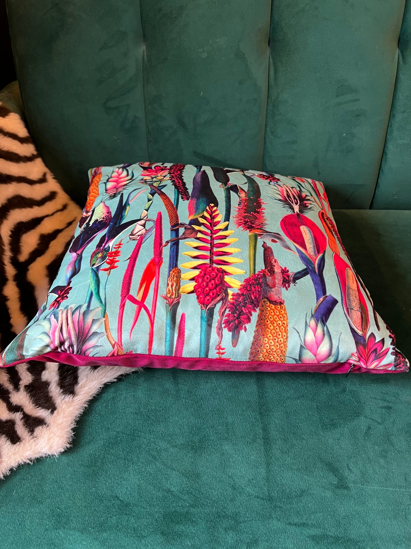 Botanical lily turquoise luxury velvet cushion