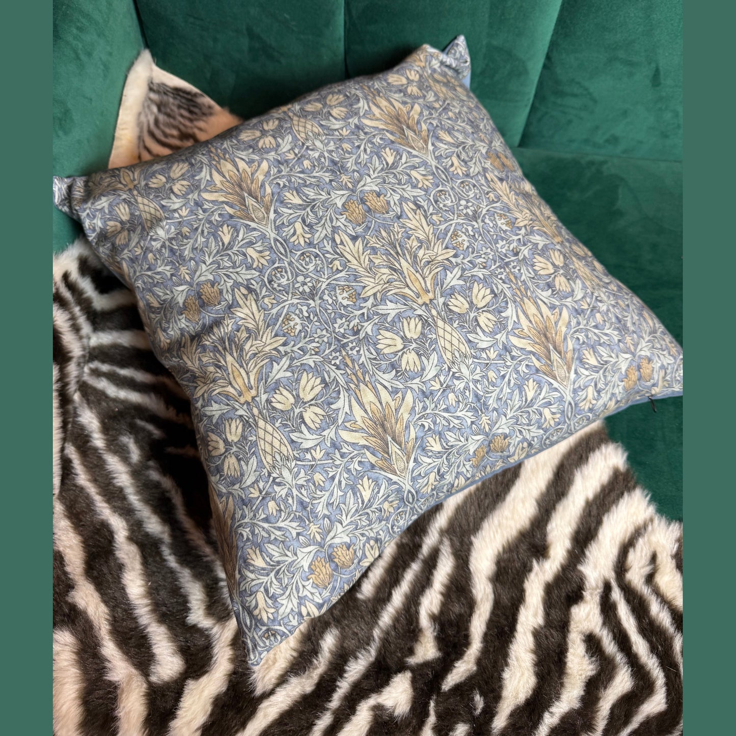 William Morris Snakeshead luxury feather cushion in denim blue