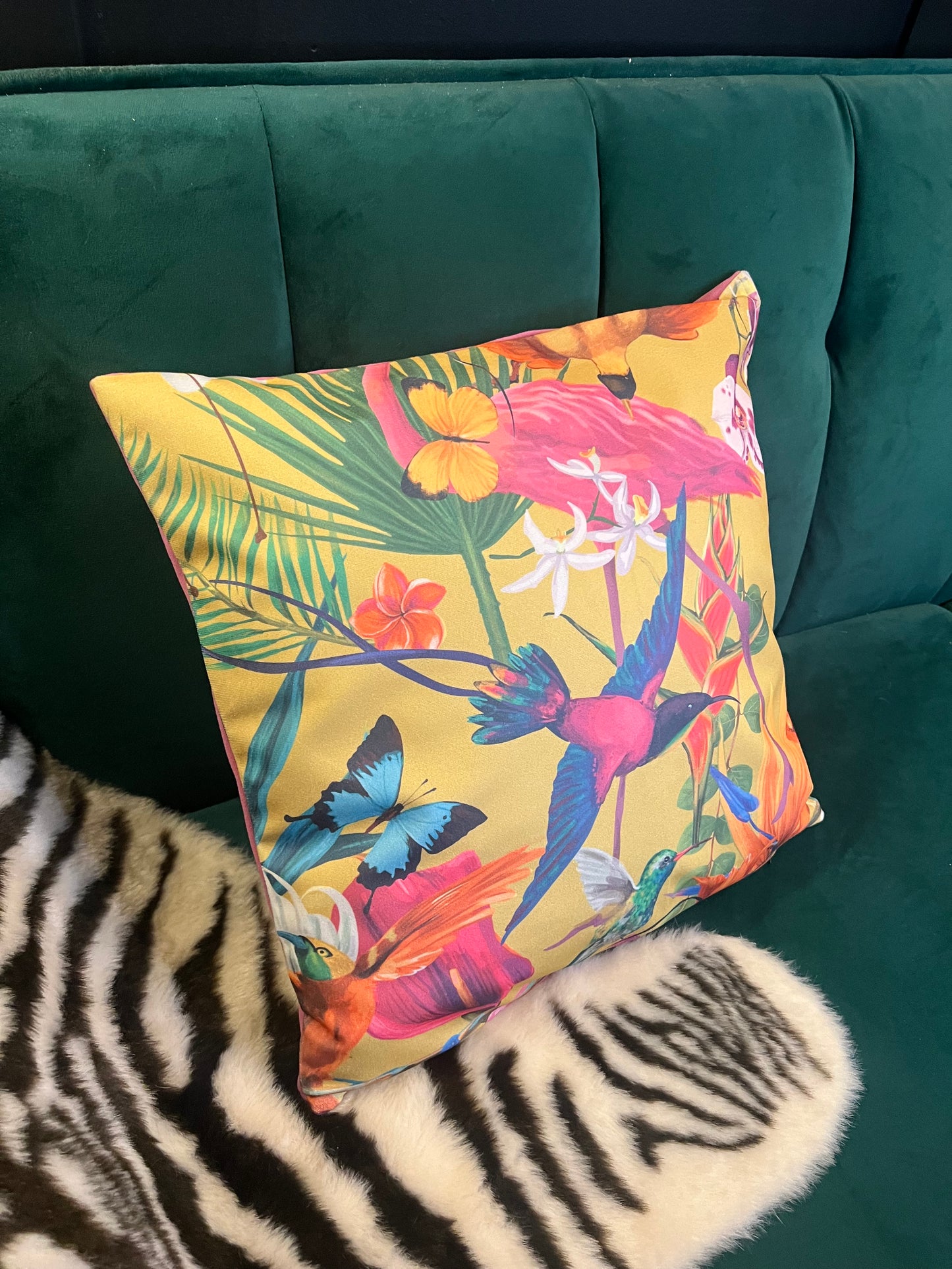 Tropical humming birds luxury velvet cushion