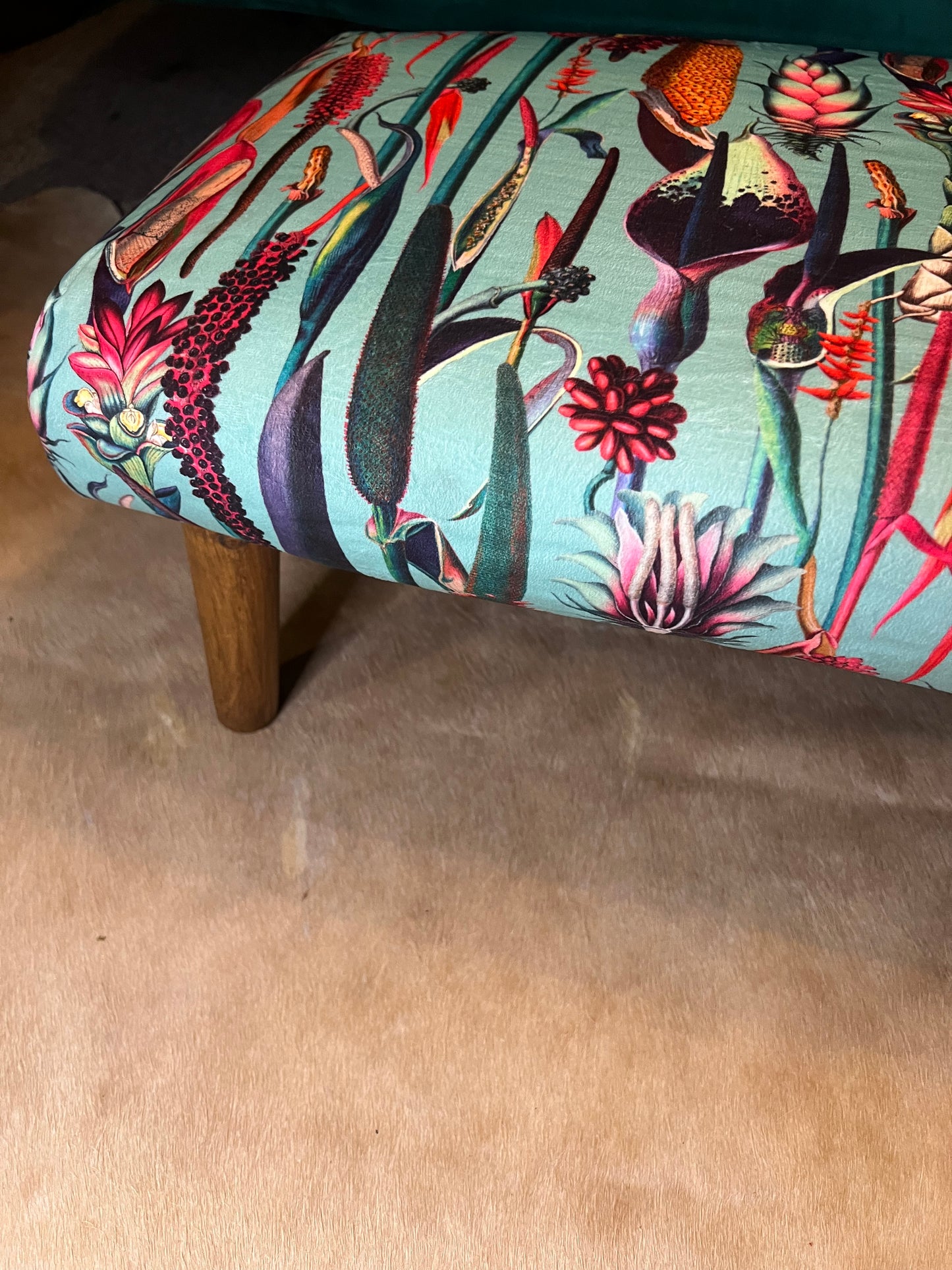 Turquoise botanical lily velvet Footstool