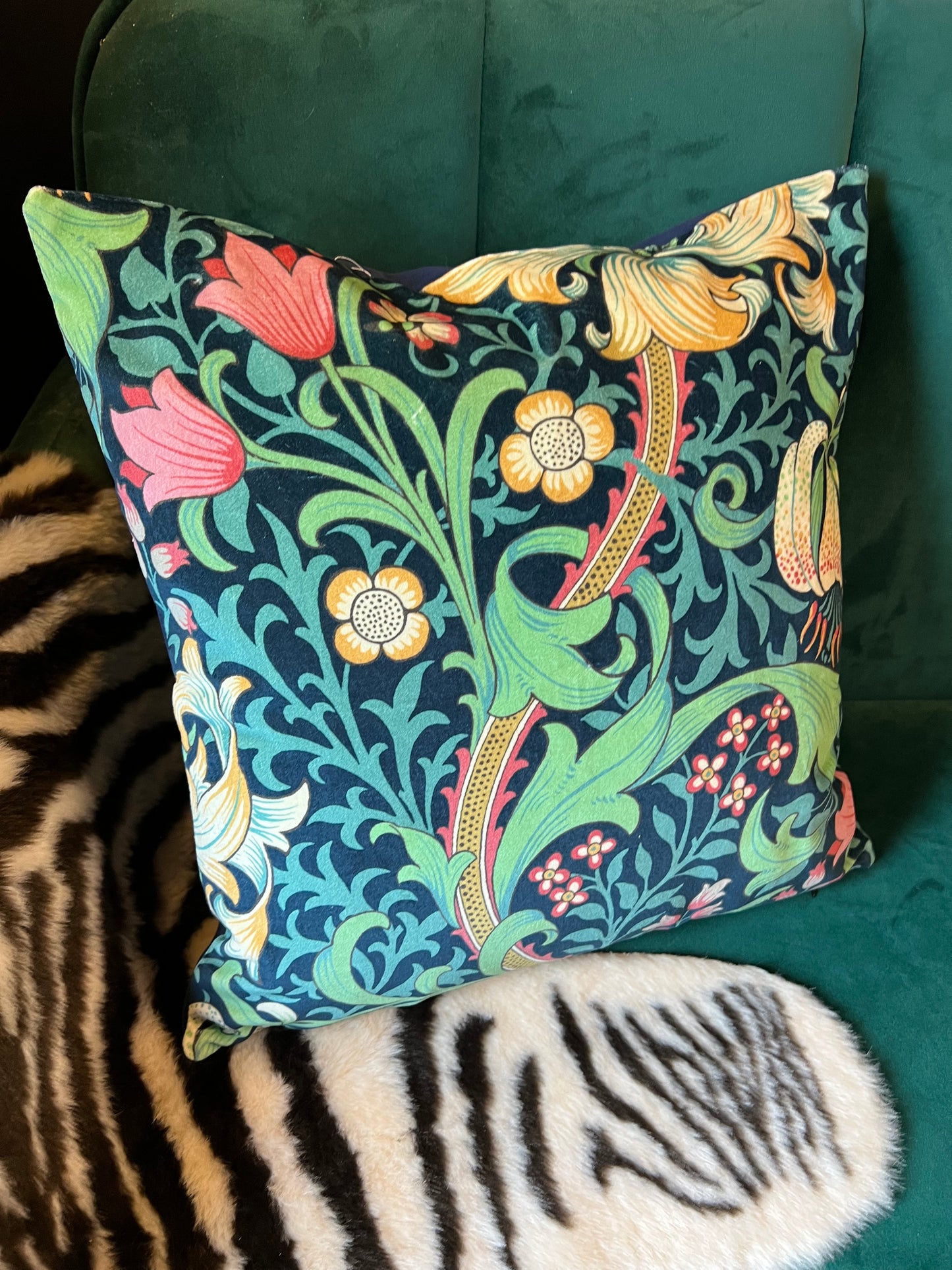 Golden lily velvet cushion Sanderson William Morris