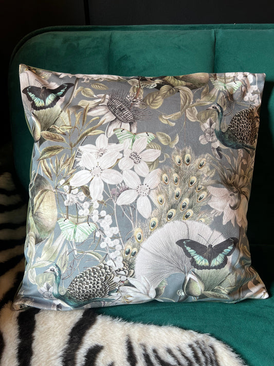 Peacocks and butterflies luxury grey velvet cushion