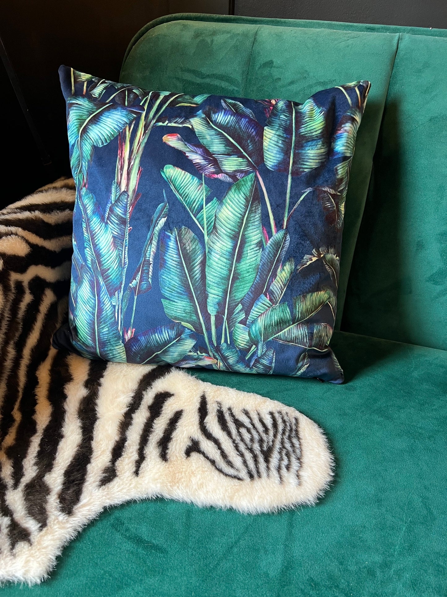 Palm leaf luxury navy velvet jungle cushion