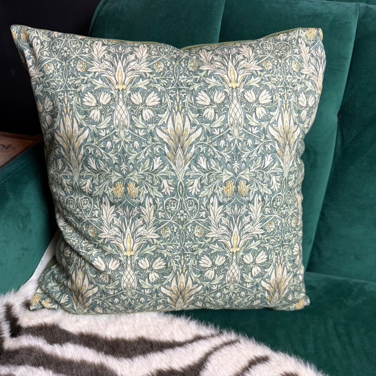 William Morris Snakeshead luxury feather cushion in sage