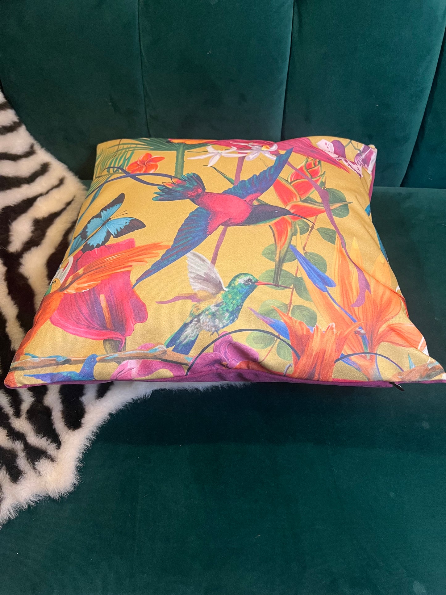 Tropical humming birds luxury velvet cushion