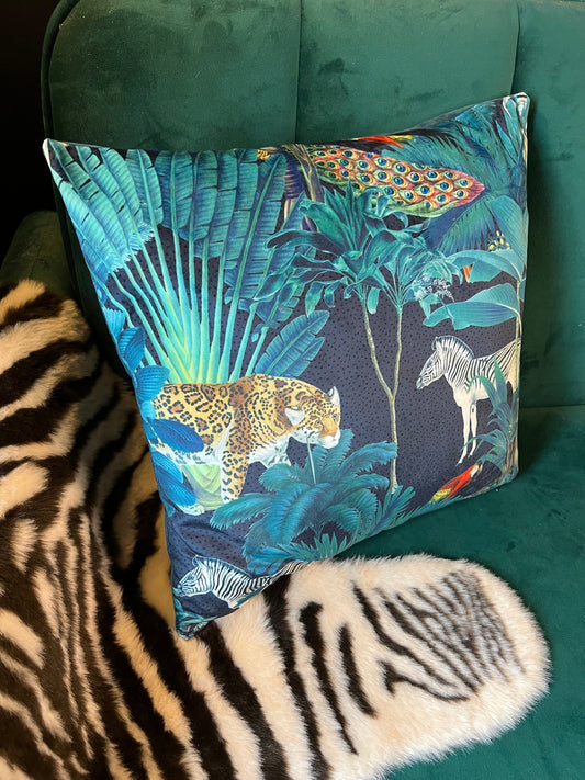 Tropical paradise parrot and toucan jungle velvet cushion