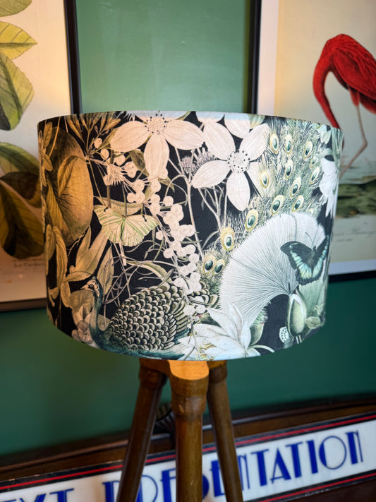 Peacocks & butterflies black velvet lampshade