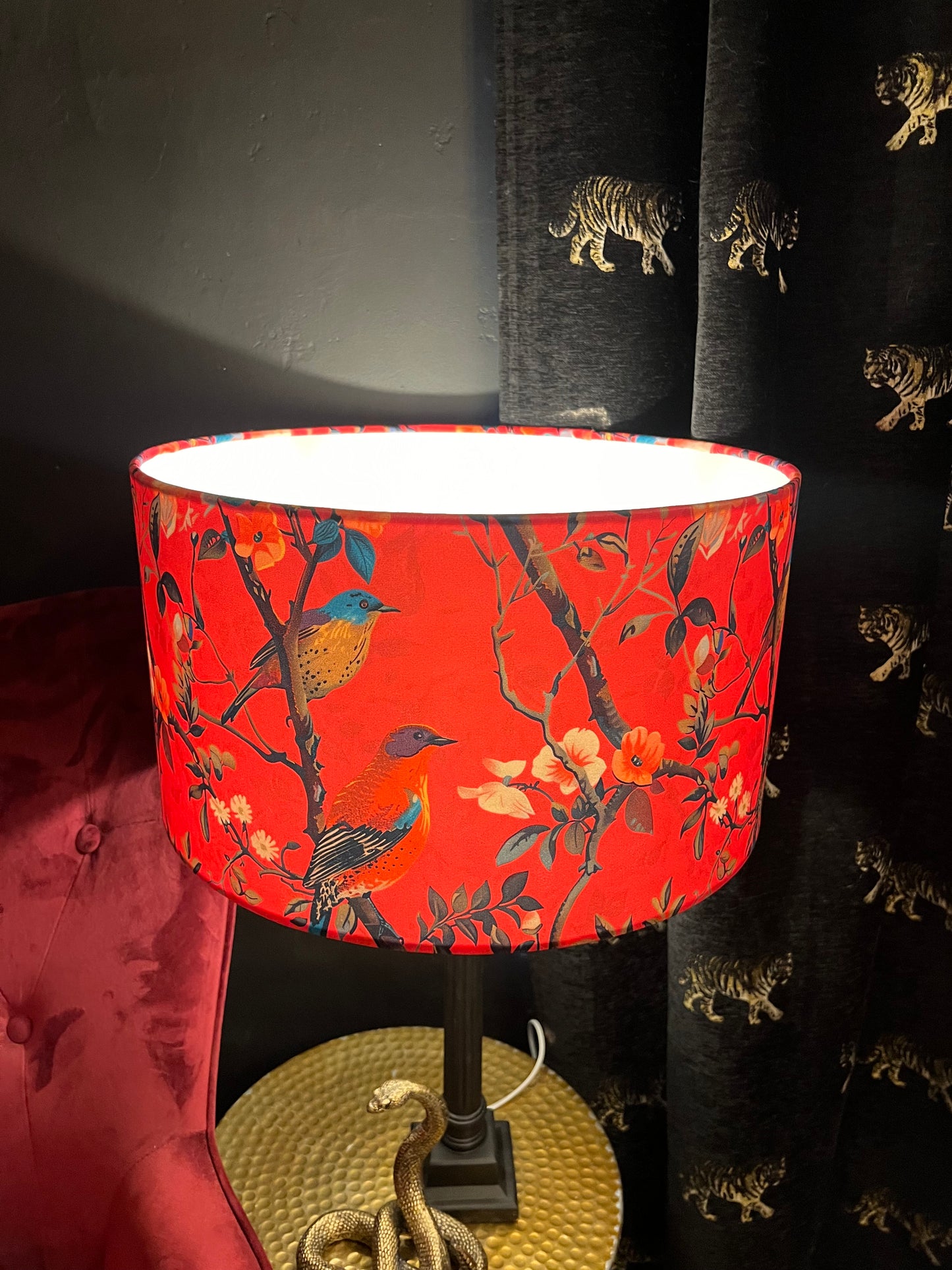 Hot Pink perching birds velvet lampshade