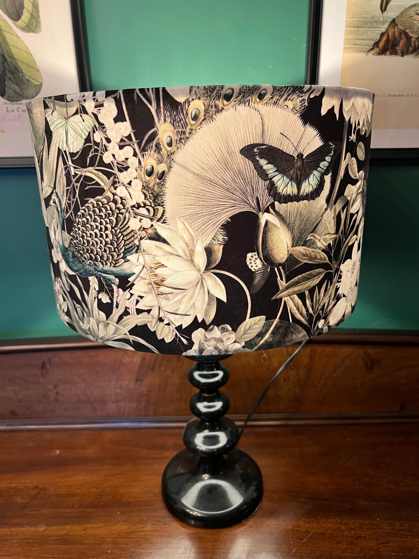 Peacocks & butterflies black velvet lampshade