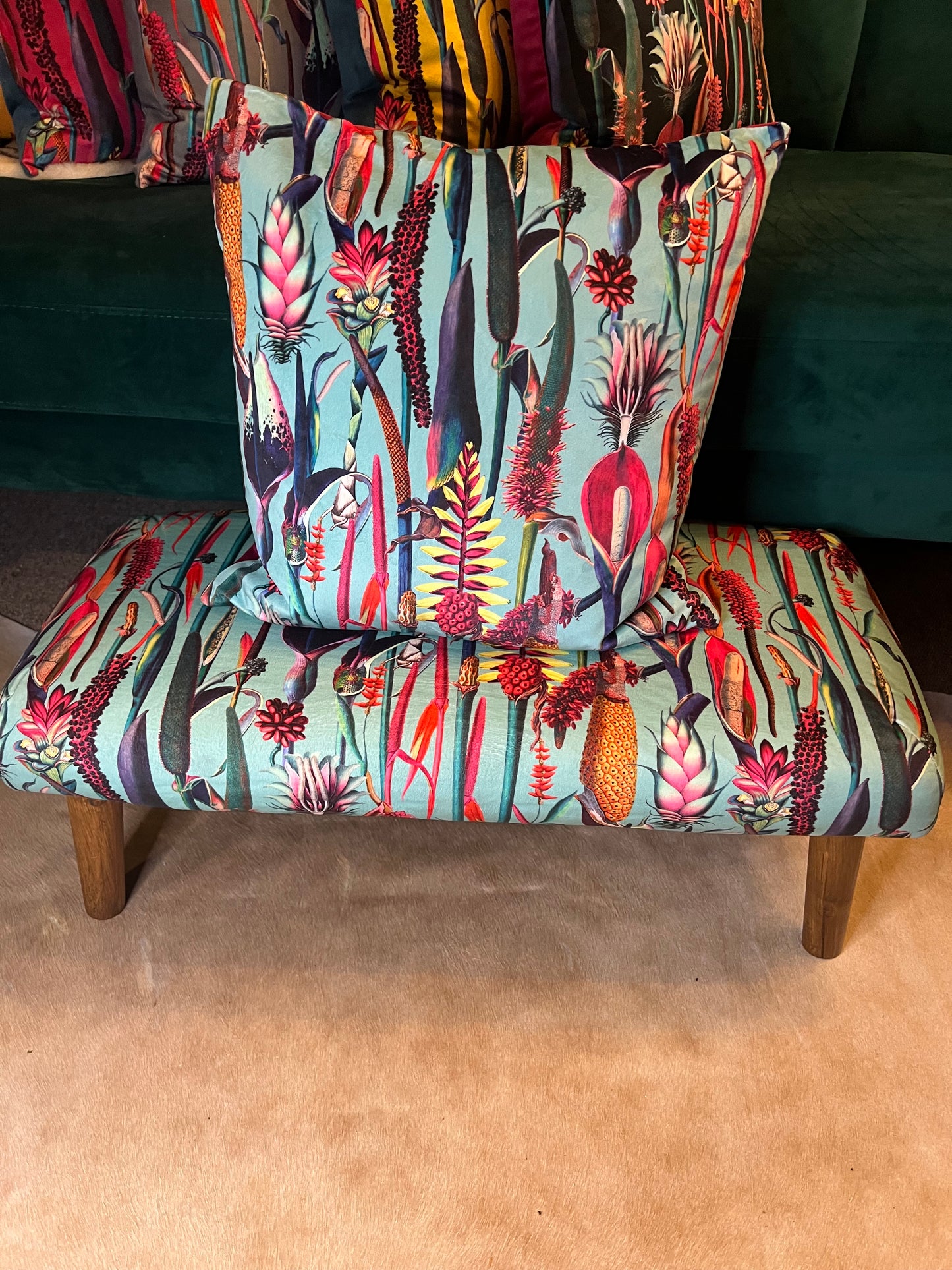 Turquoise botanical lily velvet Footstool