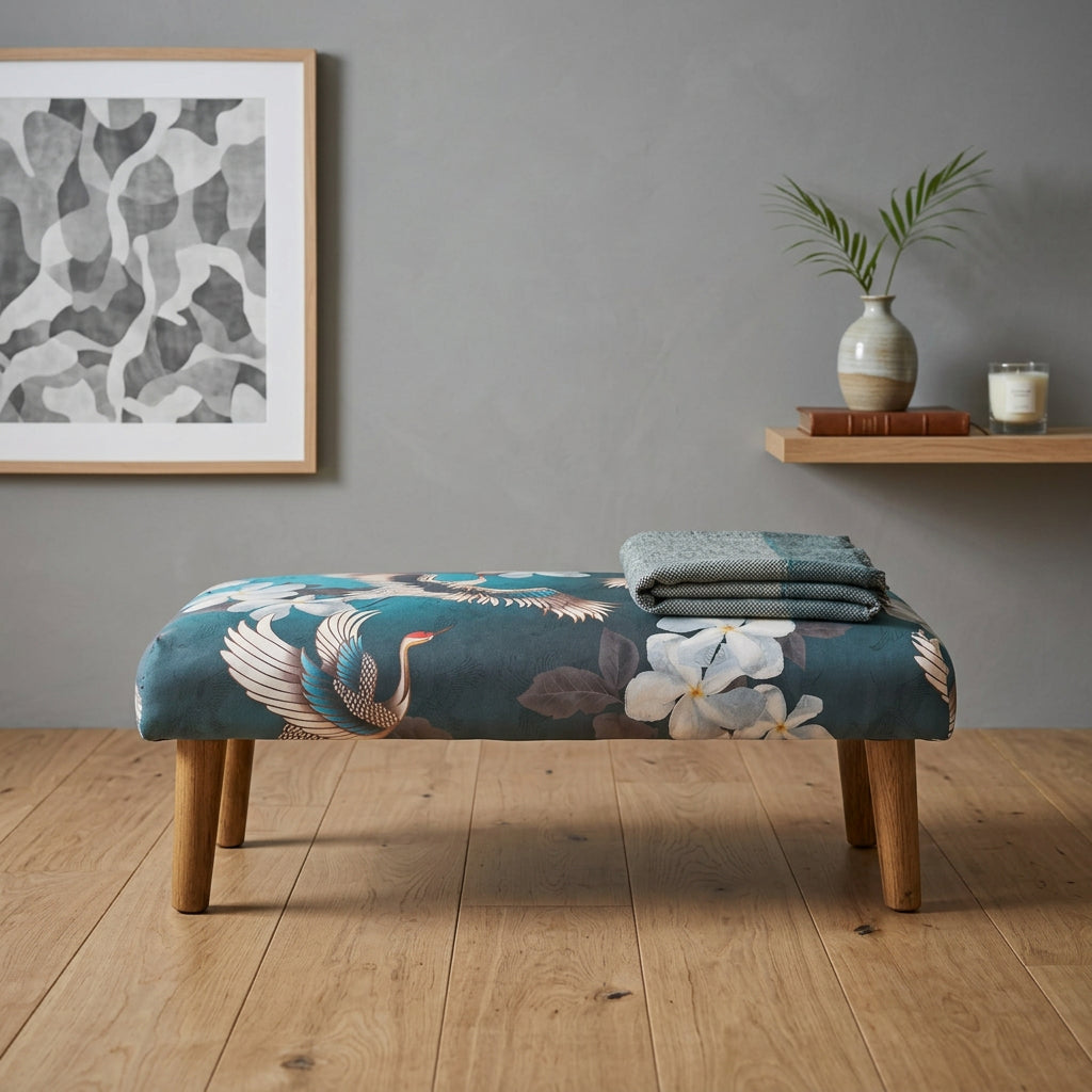 Japanese cranes | Teal & Grey Velvet | Footstool