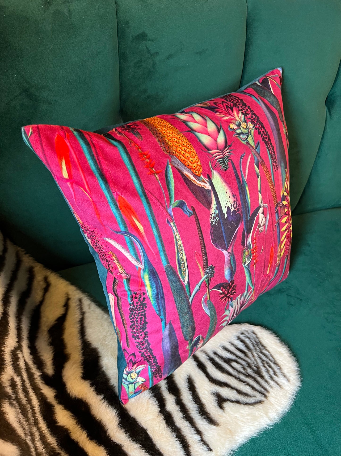 Botanical lily luxury hot pink velvet cushion