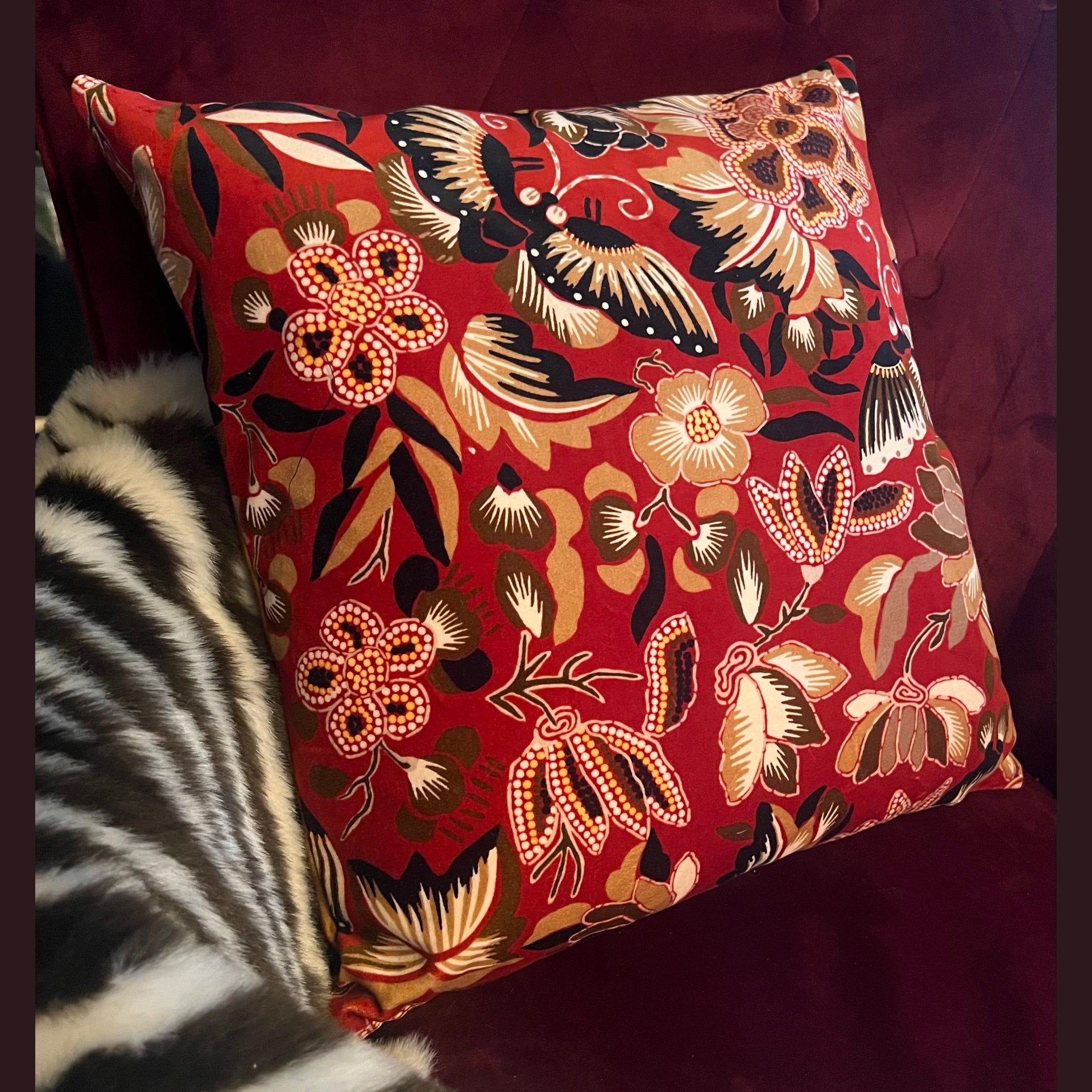 Amara Butterflies | Red & Gold Velvet | Sanderson | Cushion