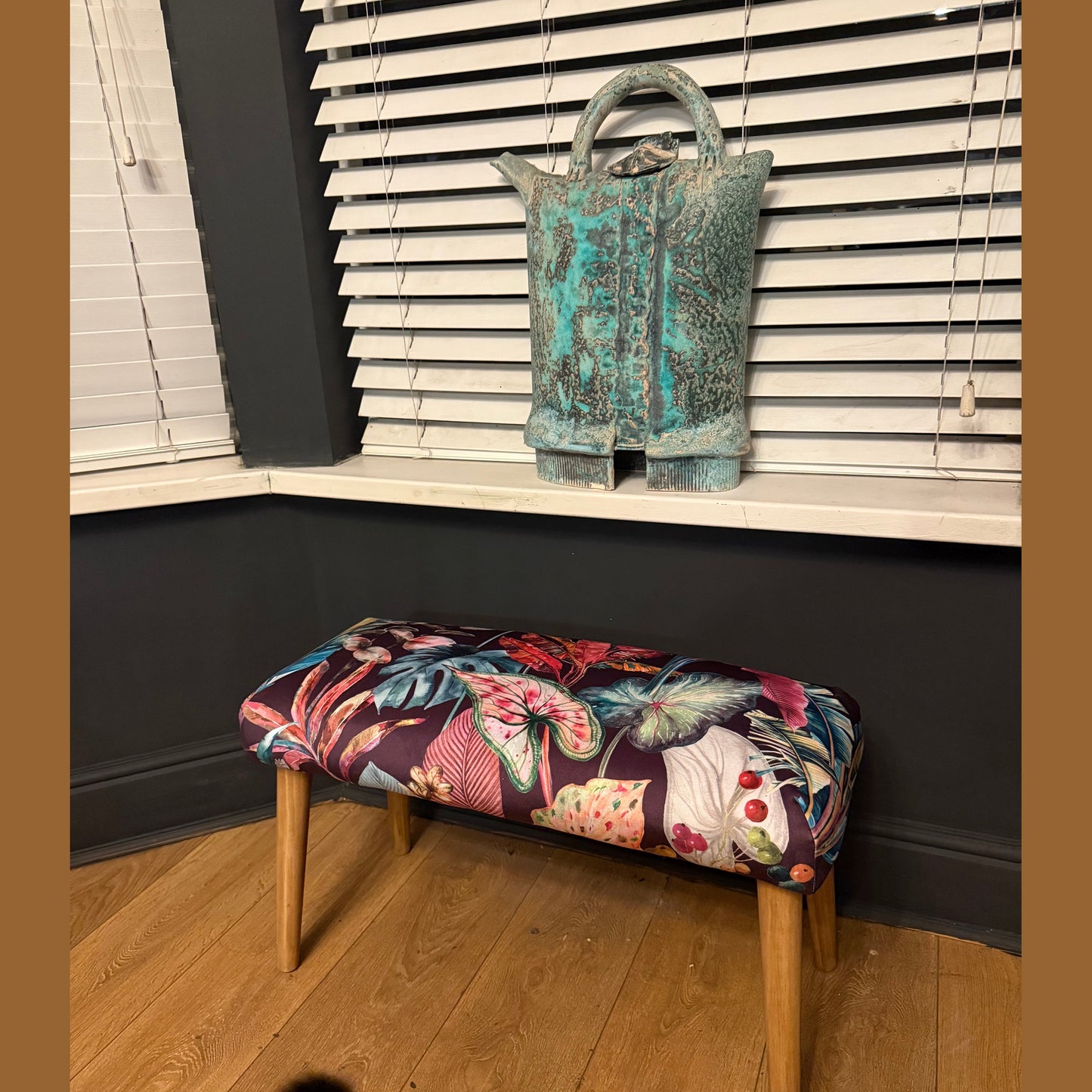 Acid leaf botanical footstool hot pink / teal velvet Footstool