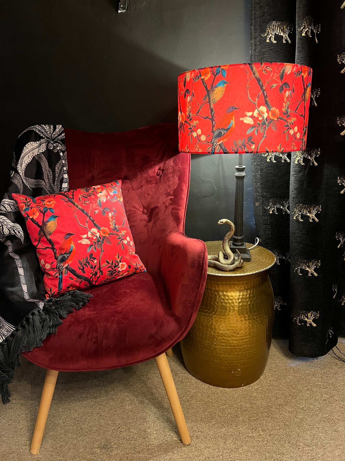 Hot Pink perching birds velvet lampshade