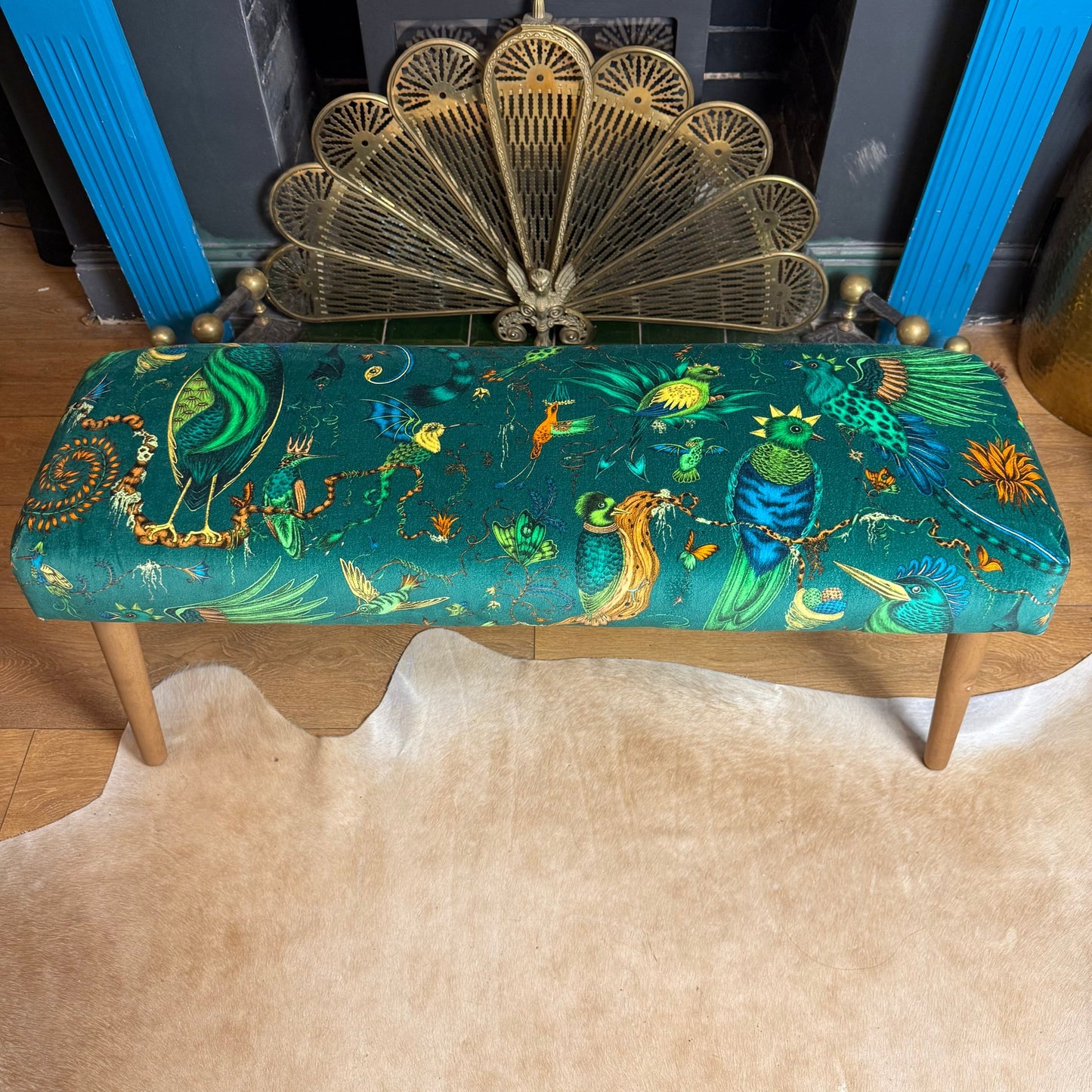 Emma Shipley Quetzal green velvet bench / window seat / shoe bench