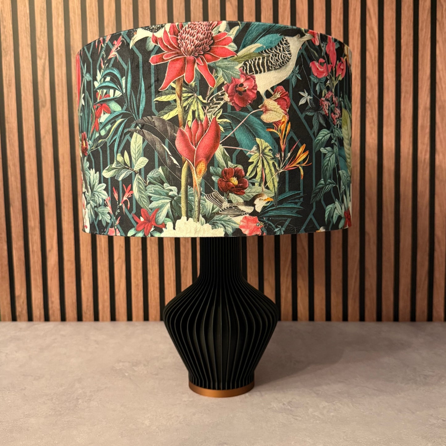 Geometric jays black velvet lampshade parrot toucan palm peacock jungle