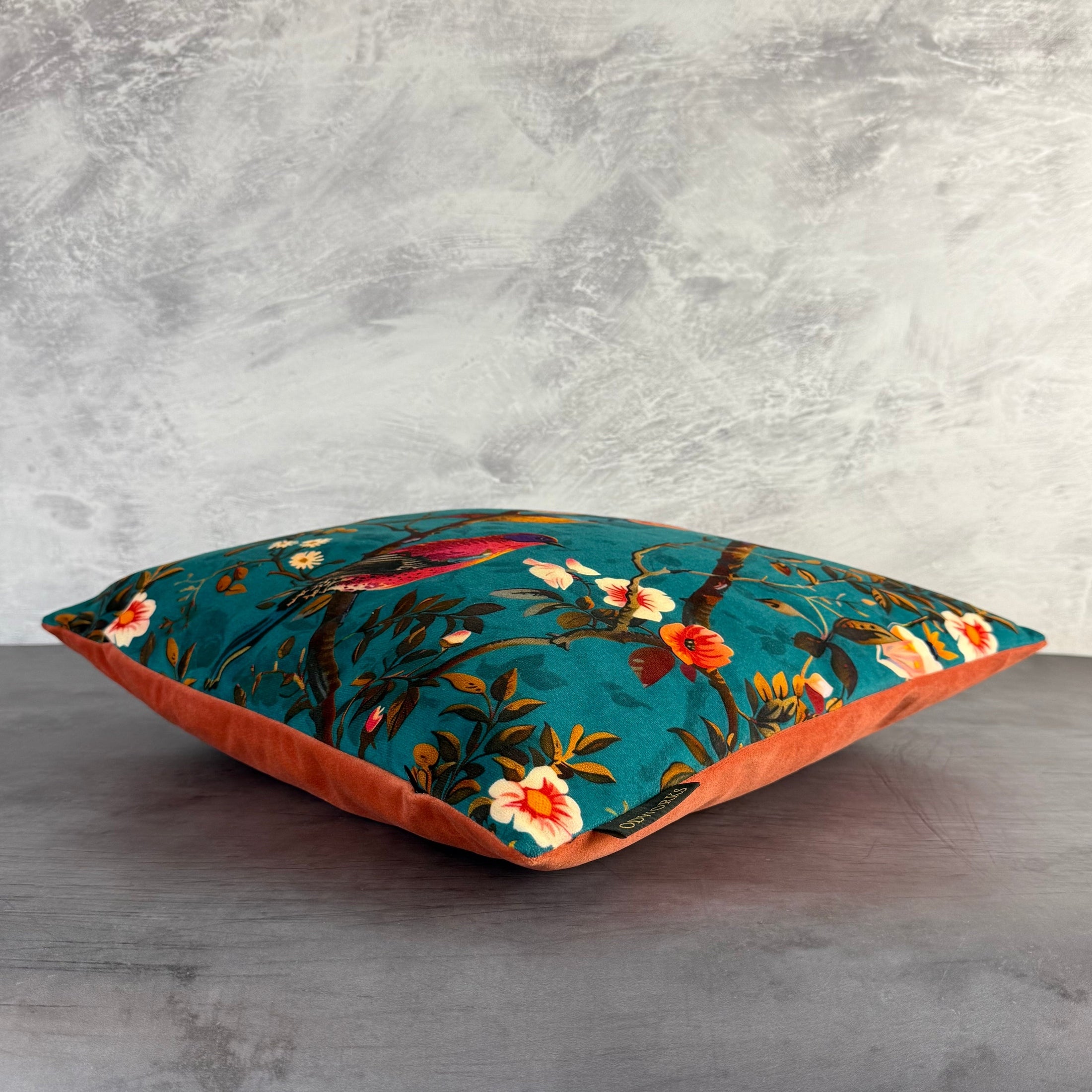 Perching Birds | Teal & Pink Velvet | Cushion