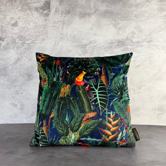 Rainforest jungle parrot toucan luxury  navy velvet cushion