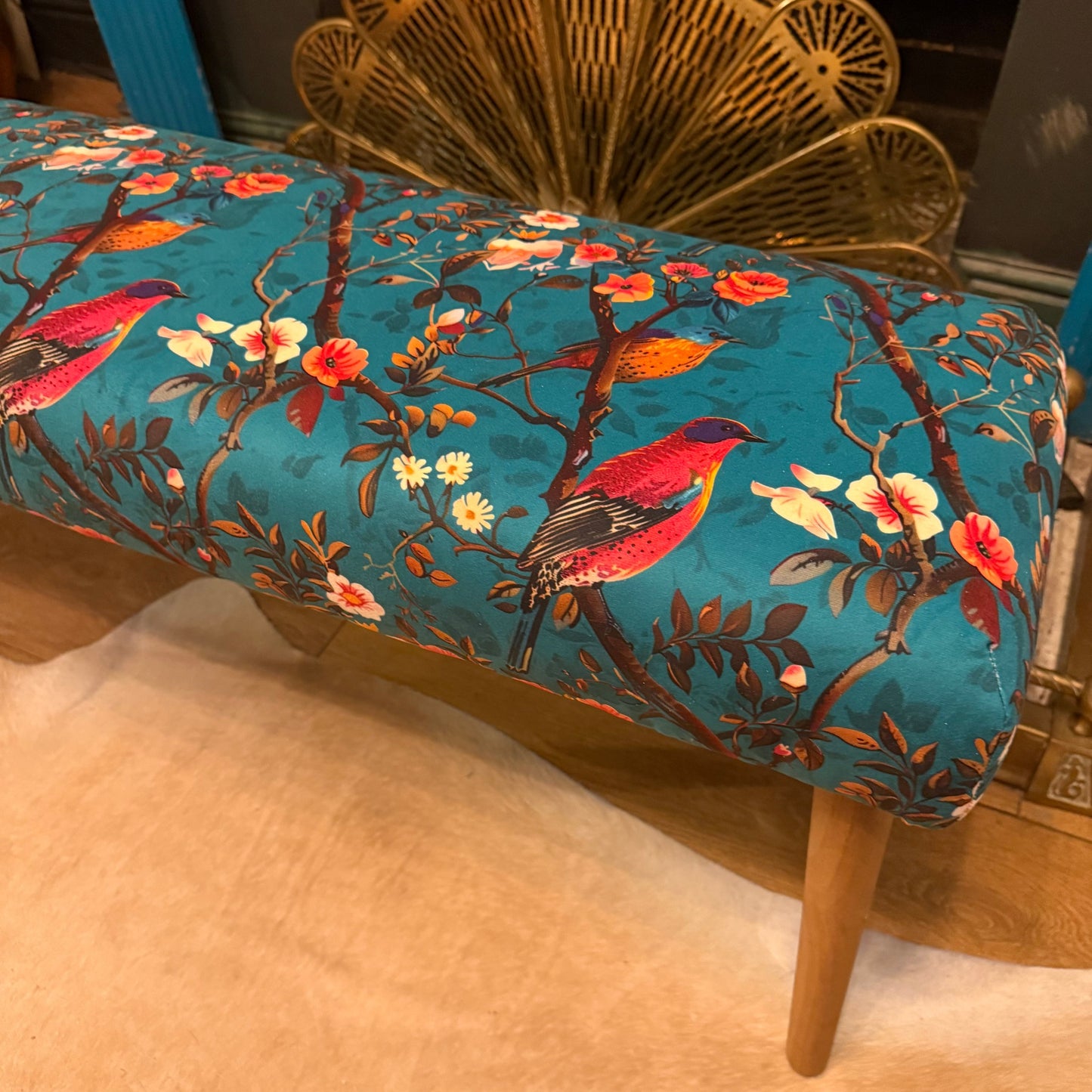 Perching birds teal velvet bench seat / shoe seat / boot room bench