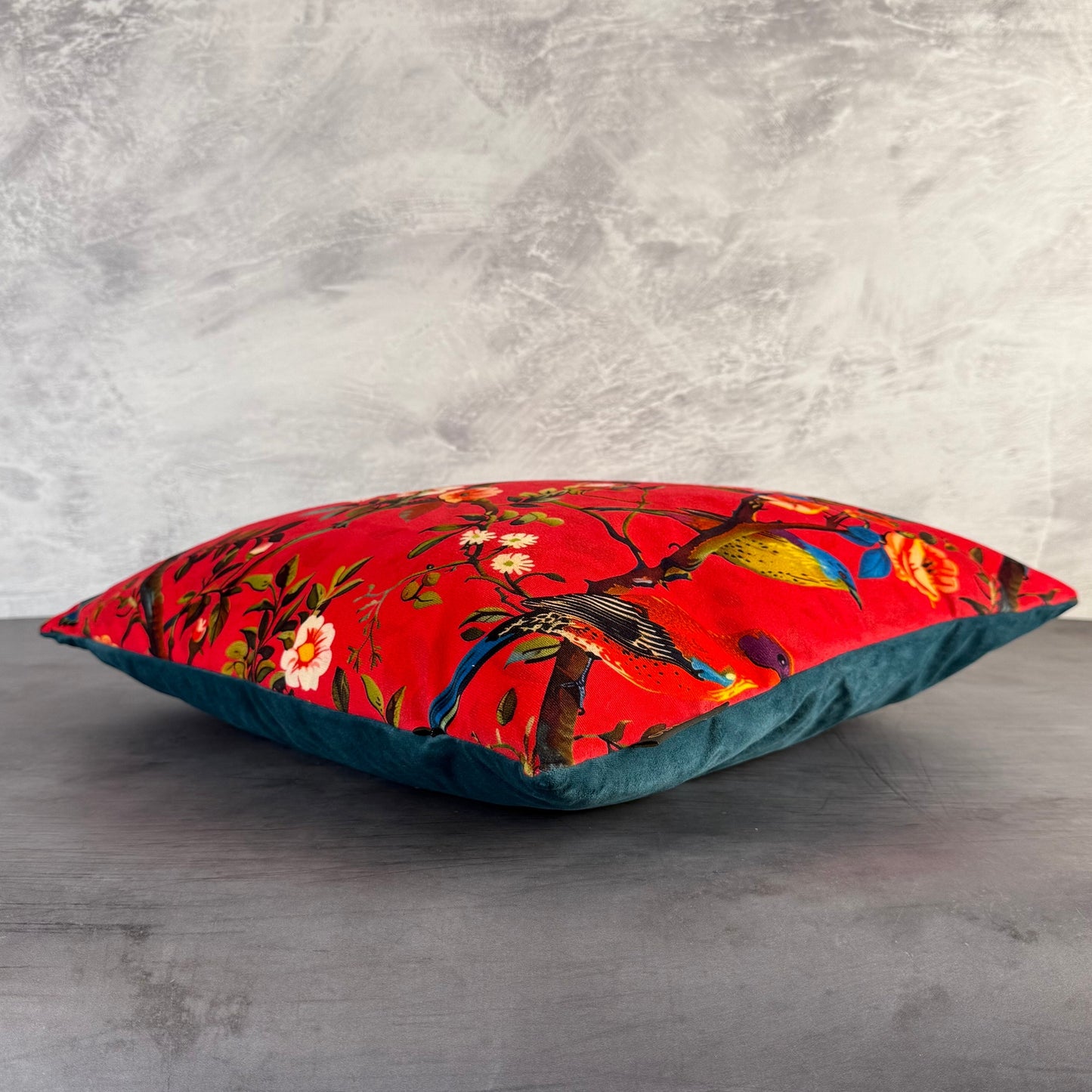 Perching birds pink velvet luxury cushion