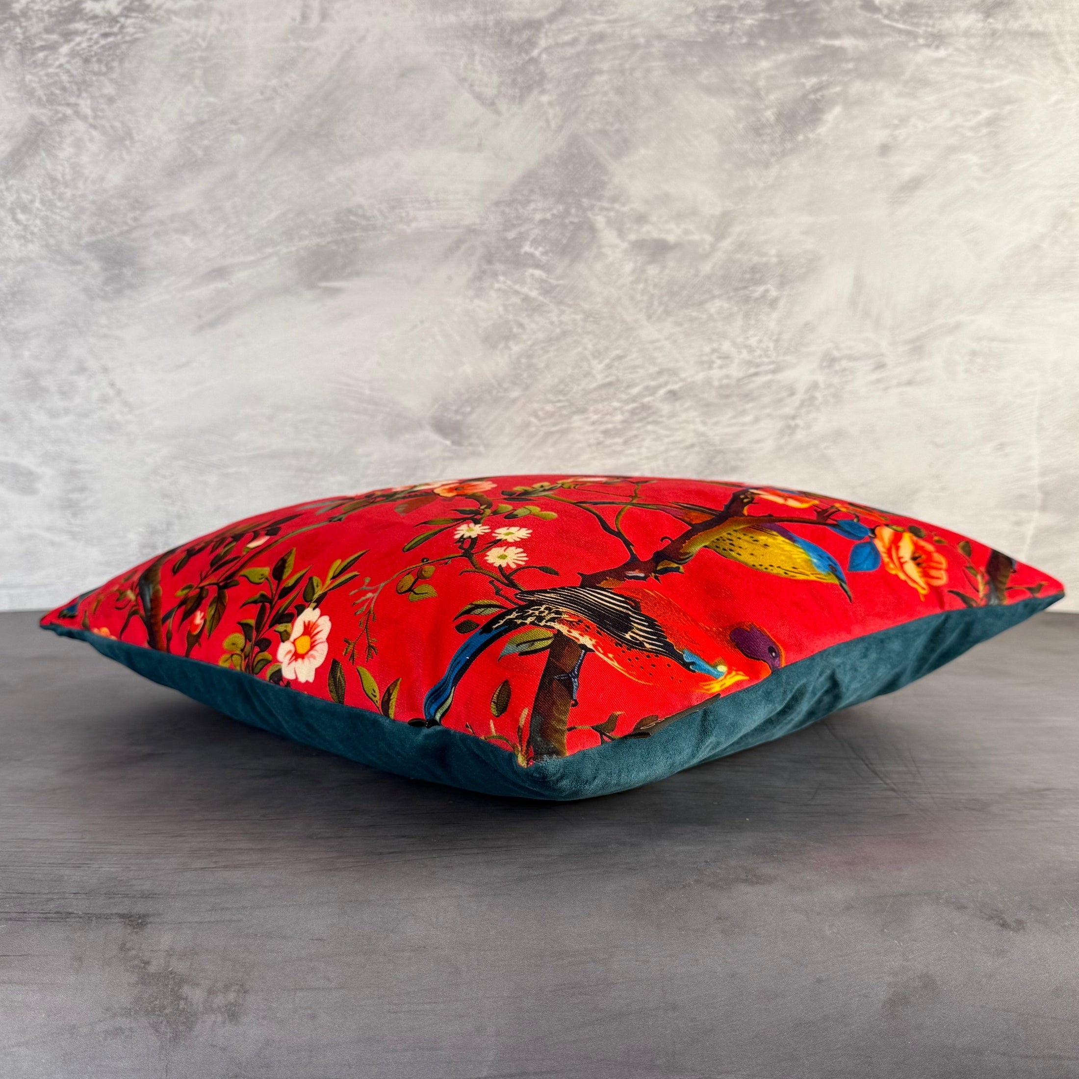 Perching Birds | Red & Blue Velvet | Cushion