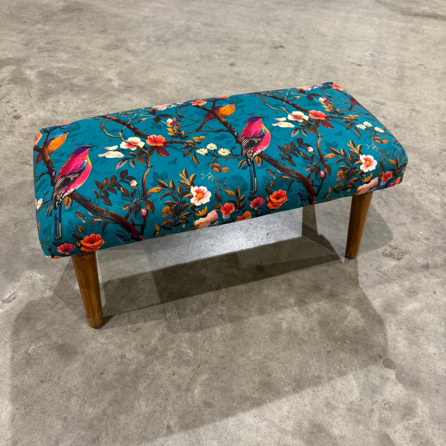 Perching birds teal velvet Footstool with Scandi legs