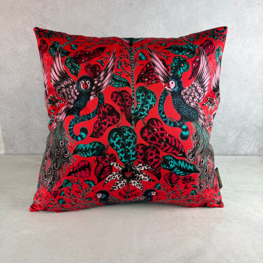 Emma J Shipley Amazon red & teal cushion