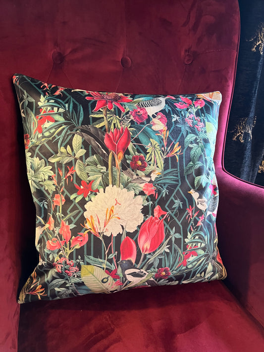 Geometric birds luxury black velvet cushion