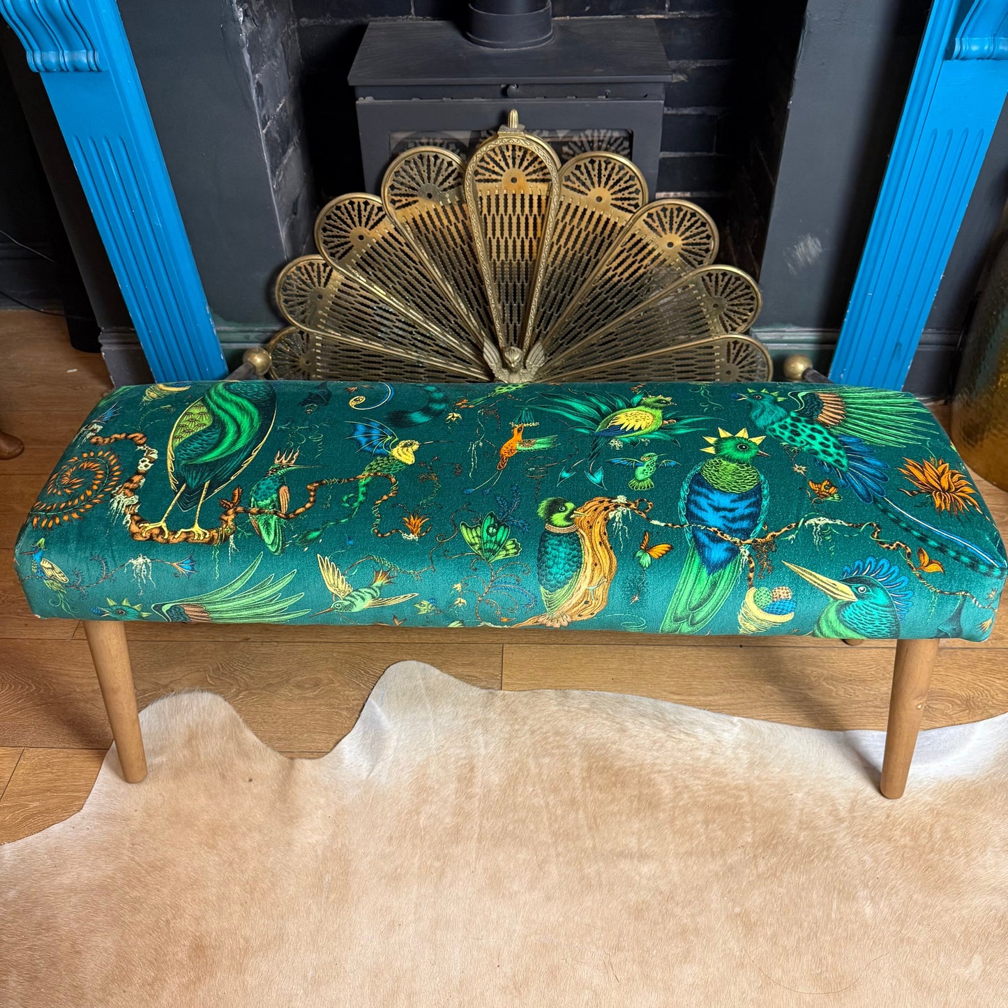 Emma Shipley Quetzal green velvet bench / window seat / shoe bench