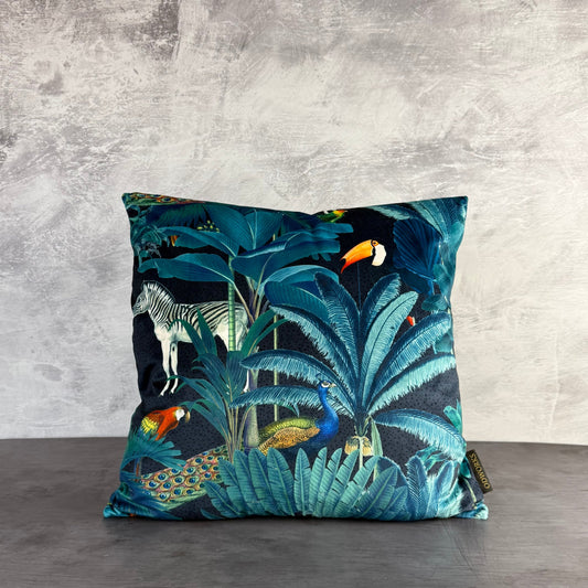 Tropical paradise parrot and toucan jungle velvet cushion
