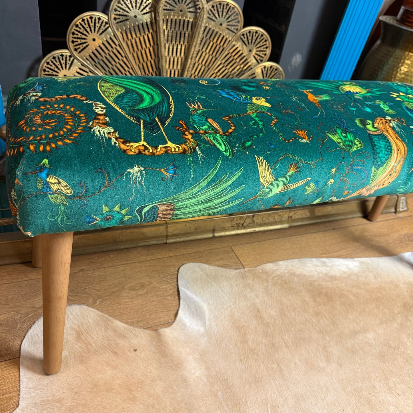 Emma Shipley Quetzal green velvet bench / window seat / shoe bench
