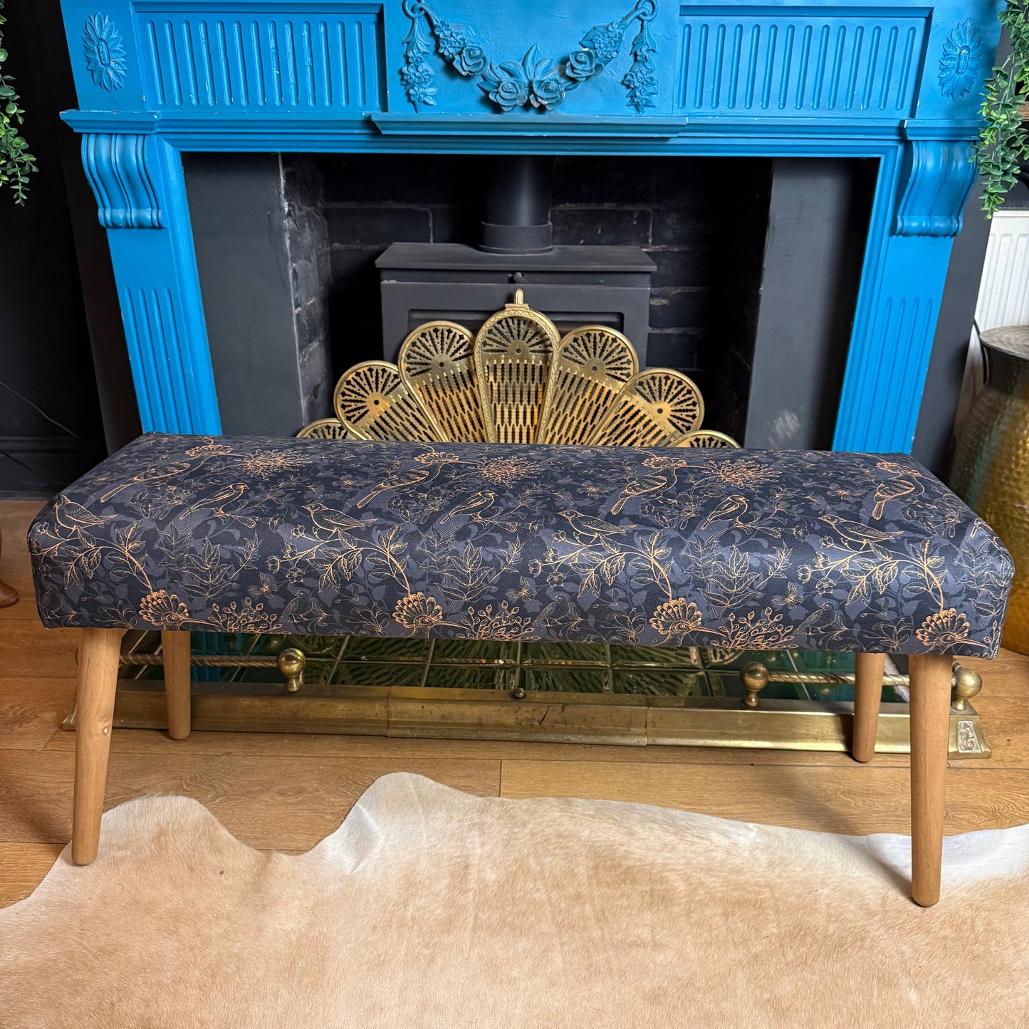 Rustic birds teal velvet bench seat / shoe seat / boot room bench