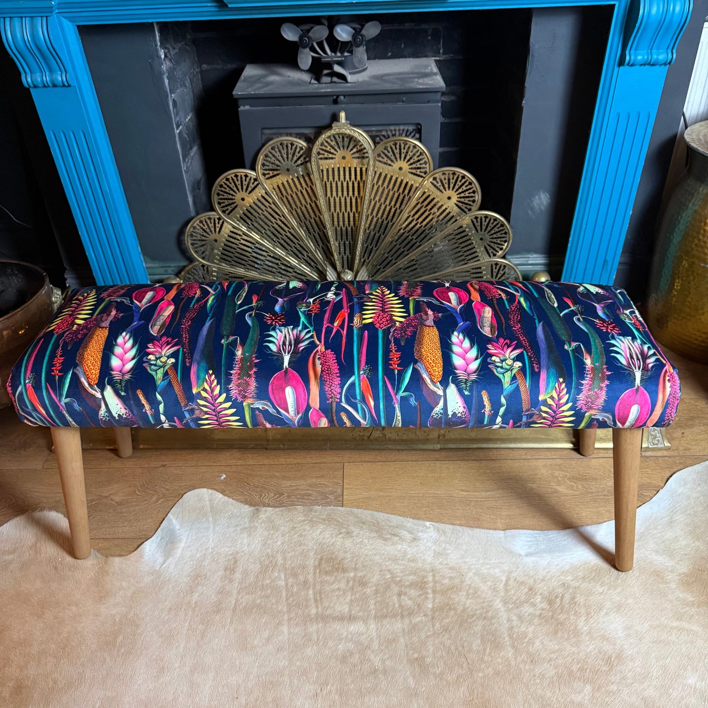 Navy velvet botanical lily bench