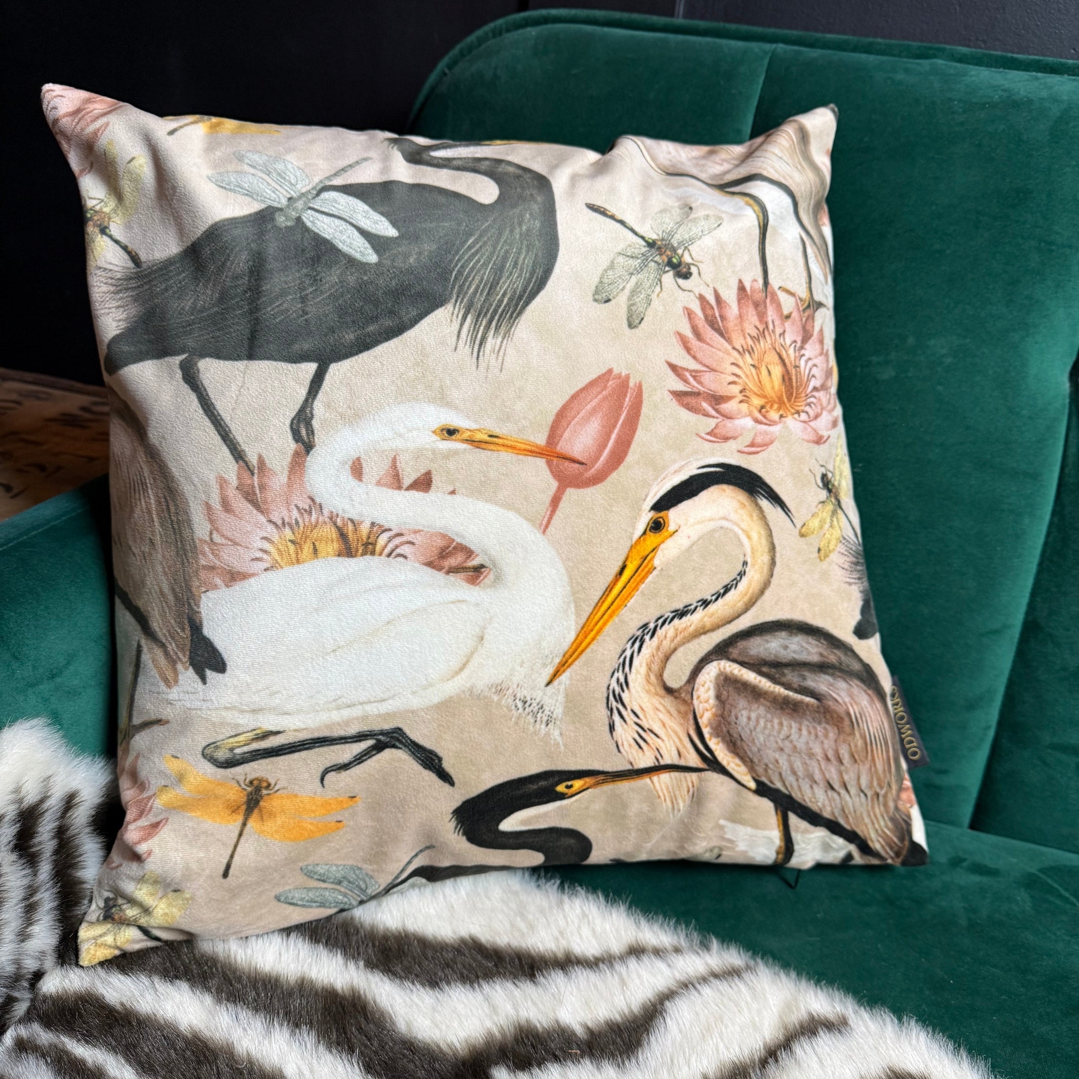 Herons & Egrets | Cream & Black Velvet | Cushion
