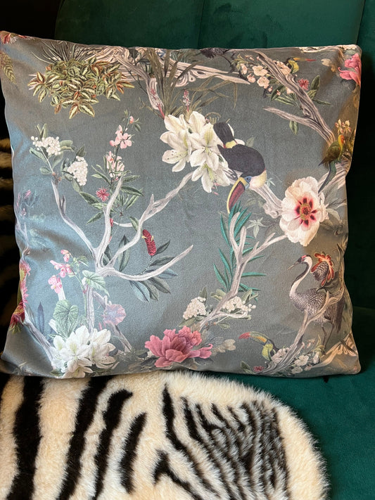 Oriental paradise luxury grey velvet cushion