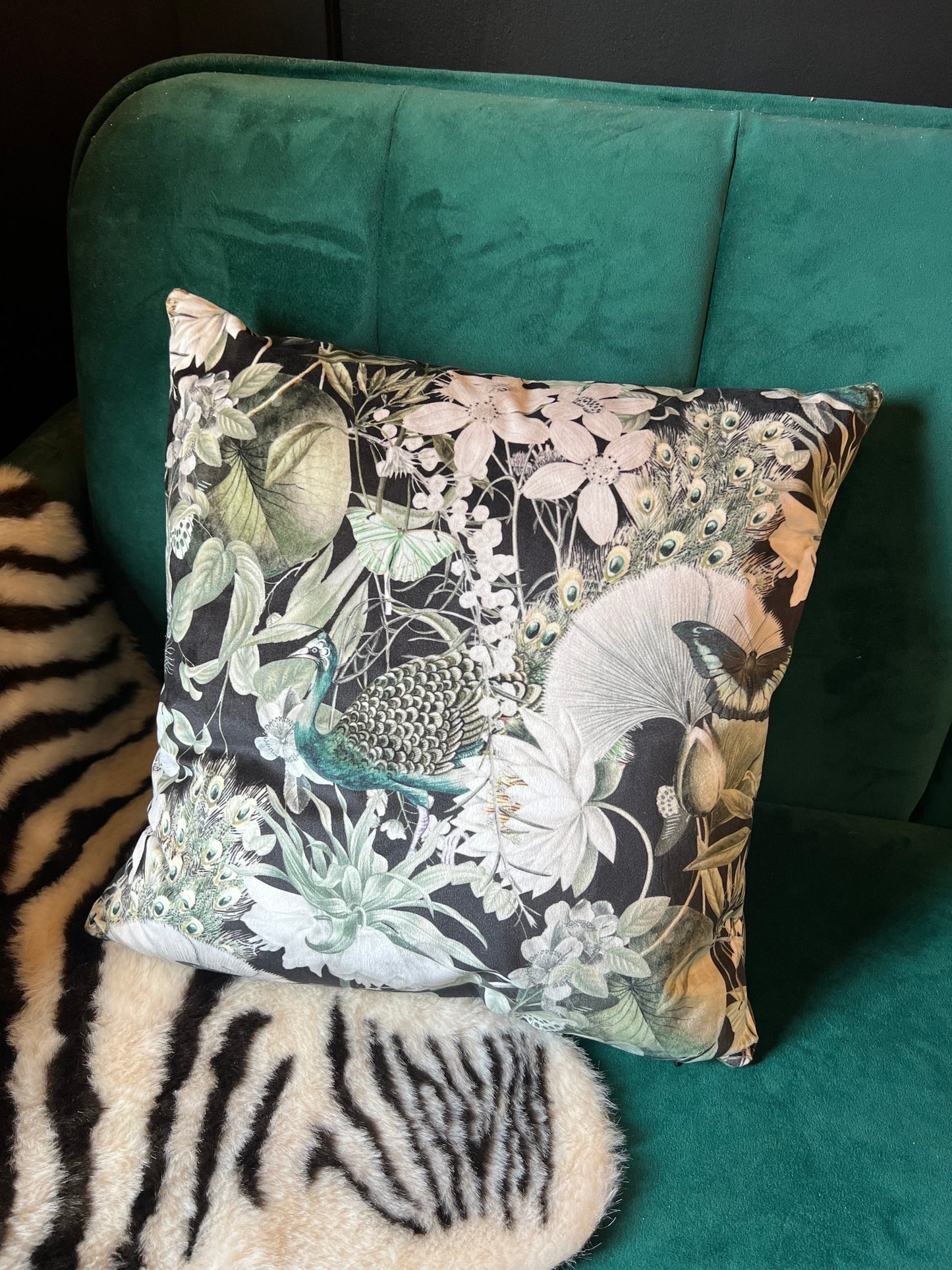 Peacocks and butterflies luxury black velvet cushion