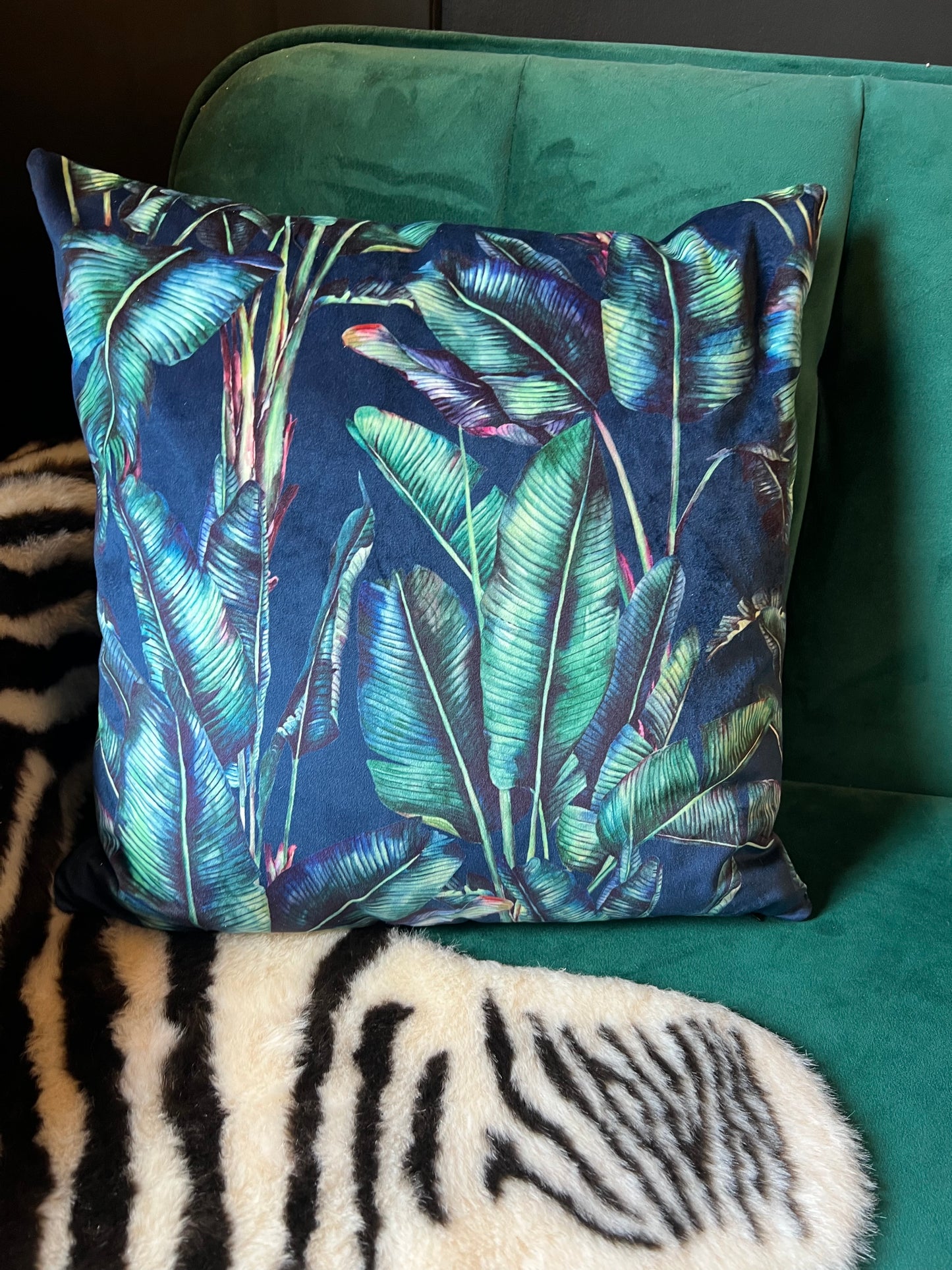 Palm leaf luxury navy velvet jungle cushion