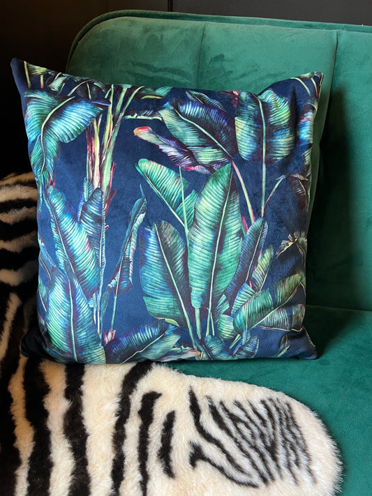 Palm leaf luxury navy velvet jungle cushion