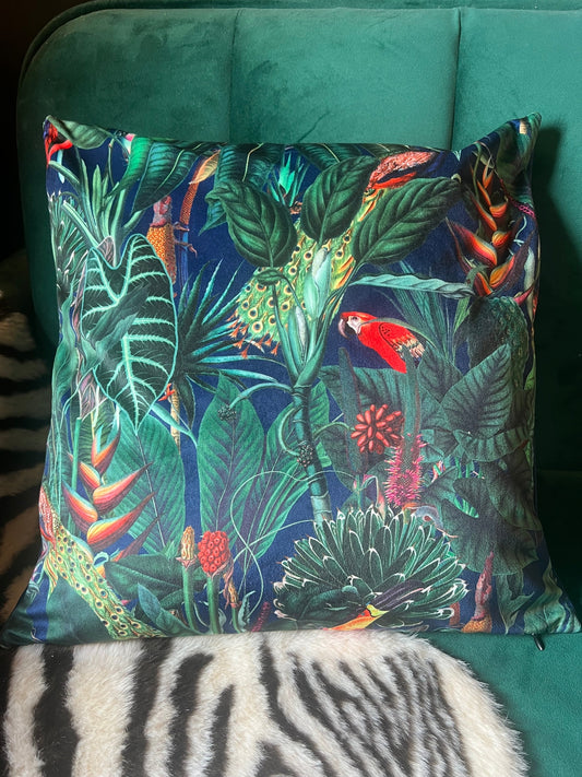 Rainforest jungle parrot toucan luxury  navy velvet cushion