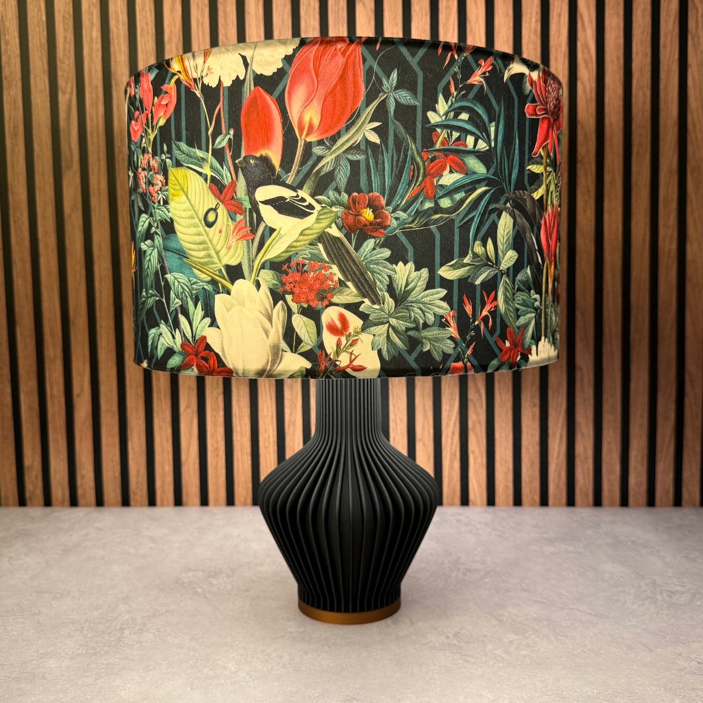 Geometric jays black velvet lampshade parrot toucan palm peacock jungle