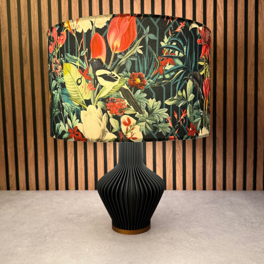 Geometric jays black velvet lampshade parrot toucan palm peacock jungle