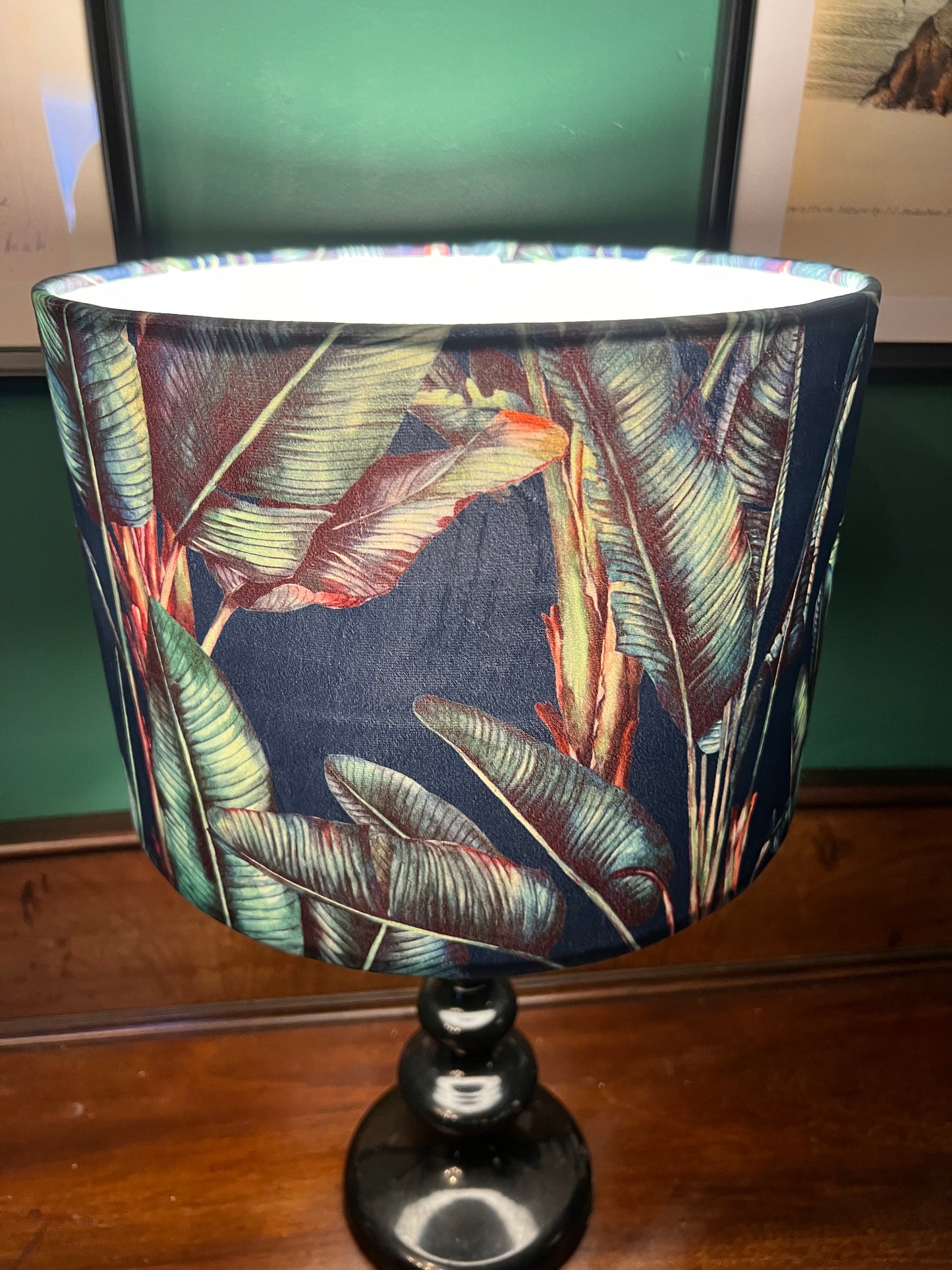 Palm leaf jungle navy velvet lampshade