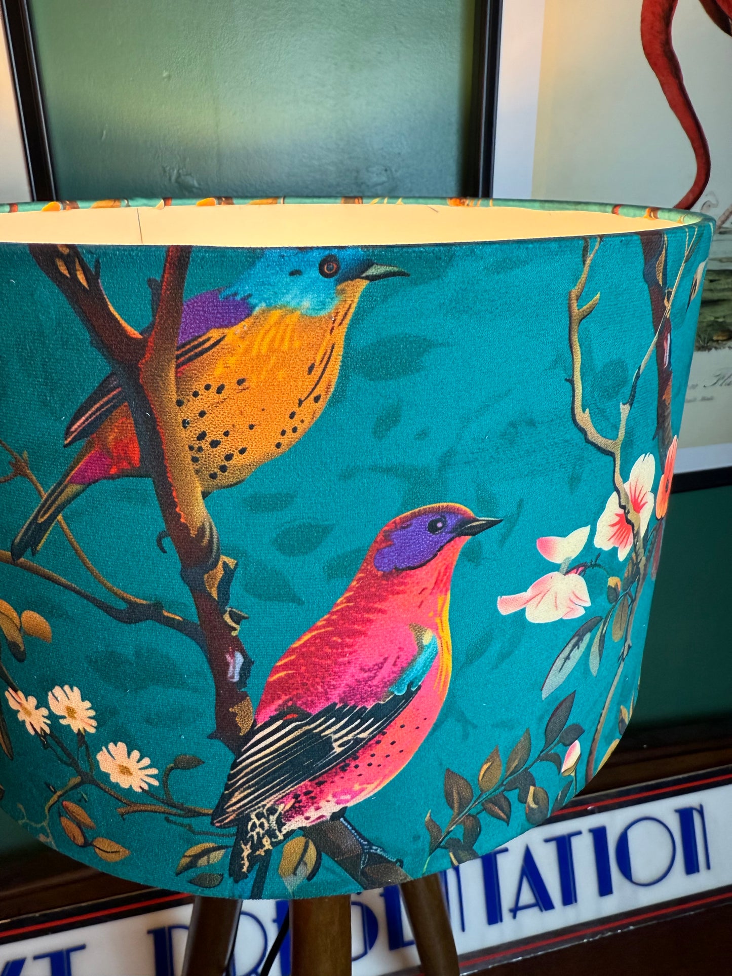 Teal perching birds velvet lampshade