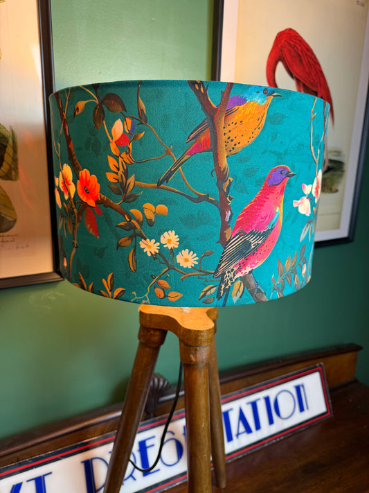 Teal perching birds velvet lampshade