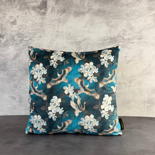 Japanese mini cranes luxury teal velvet cushion