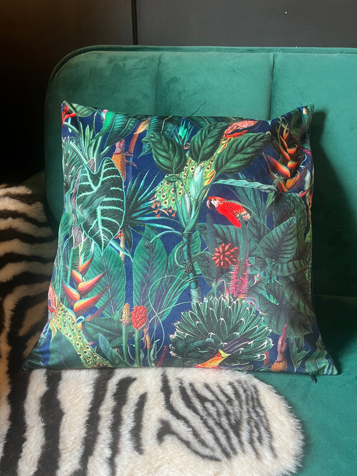 Rainforest jungle parrot toucan luxury  navy velvet cushion