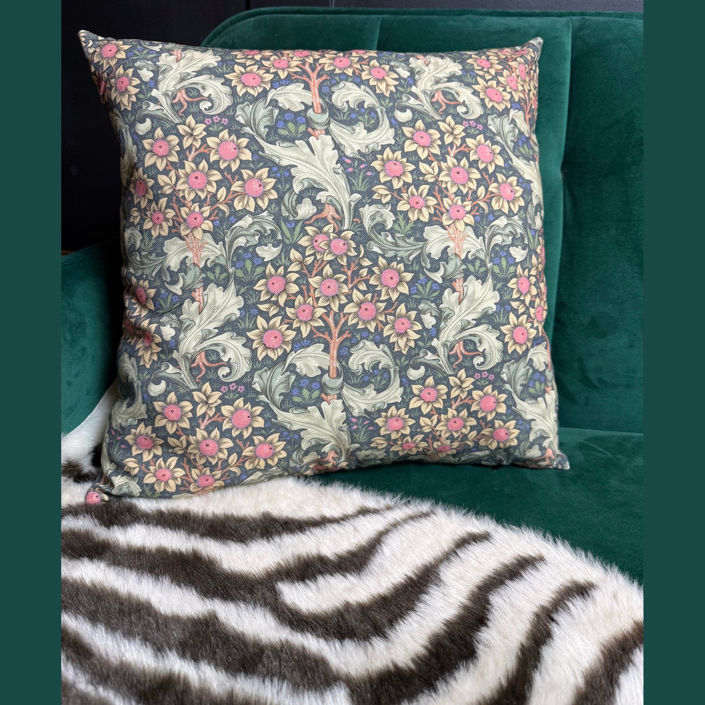 William Morris Orchid luxury feather cushion in midnight