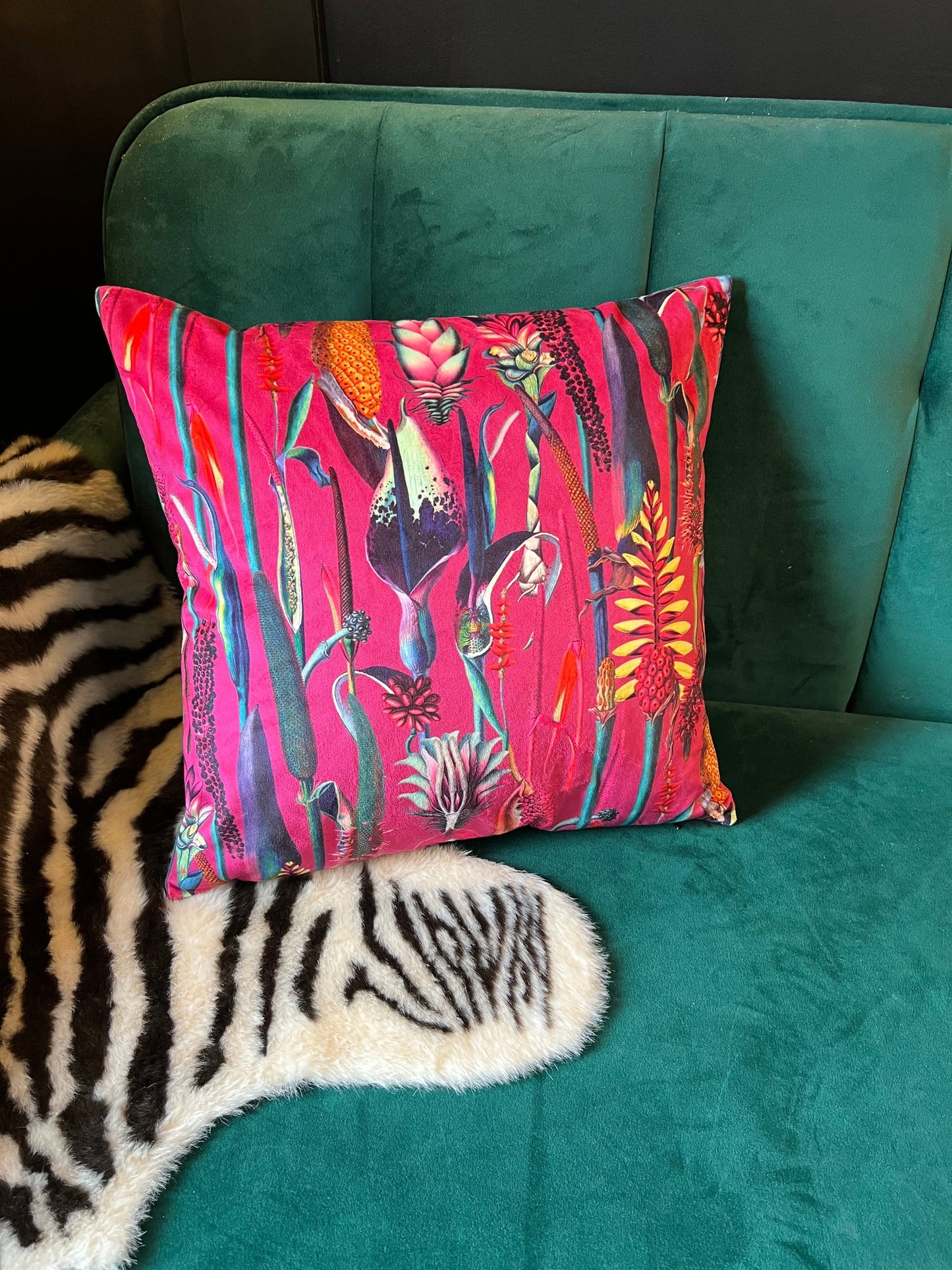 Botanical lily luxury hot pink velvet cushion