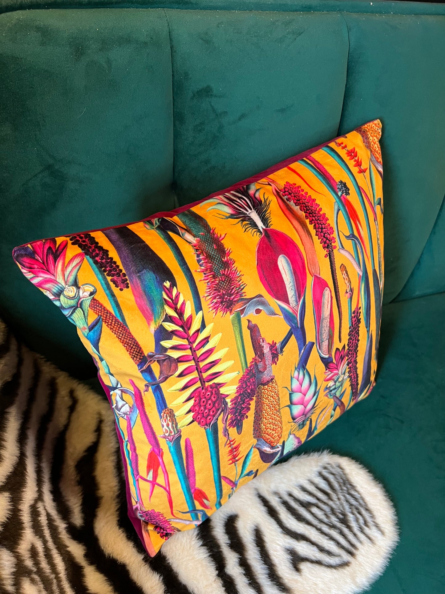 Botanical lily luxury mustard velvet cushion